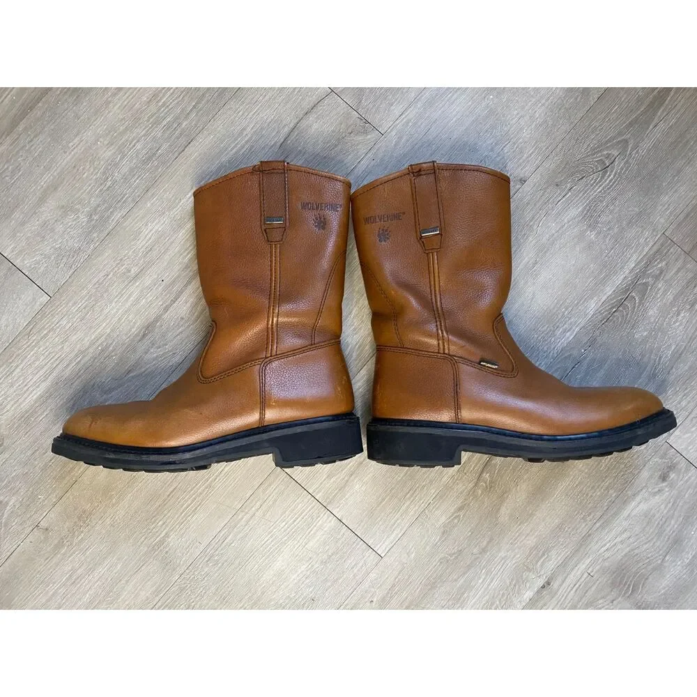 Wolverine W04727 M Brown Leather Wellington Pull On Work Boots Soft Toe Men's 9